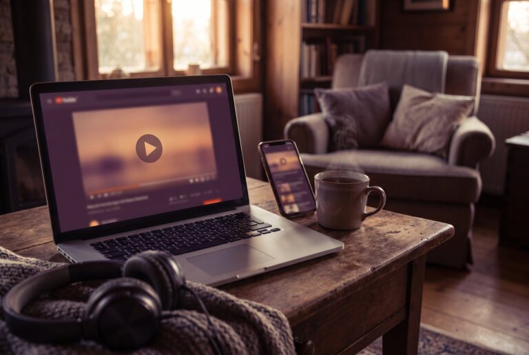 Laptop und Smartphone mit Online-Kurs, Kopfhörer und Tee – PME-Kurs zu Hause